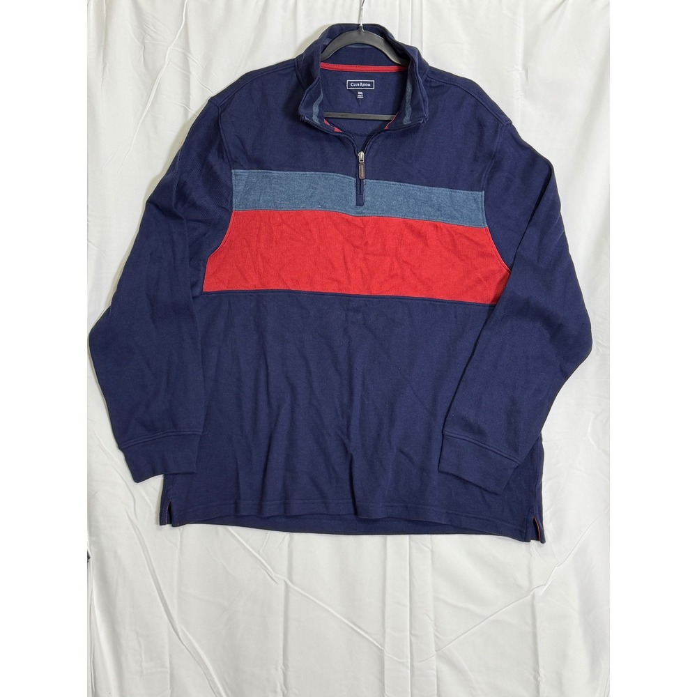 Club Room Mens Navy Blue Red Grey Stripe Quarter Zip Pullover Sweatshirt‎ XXL